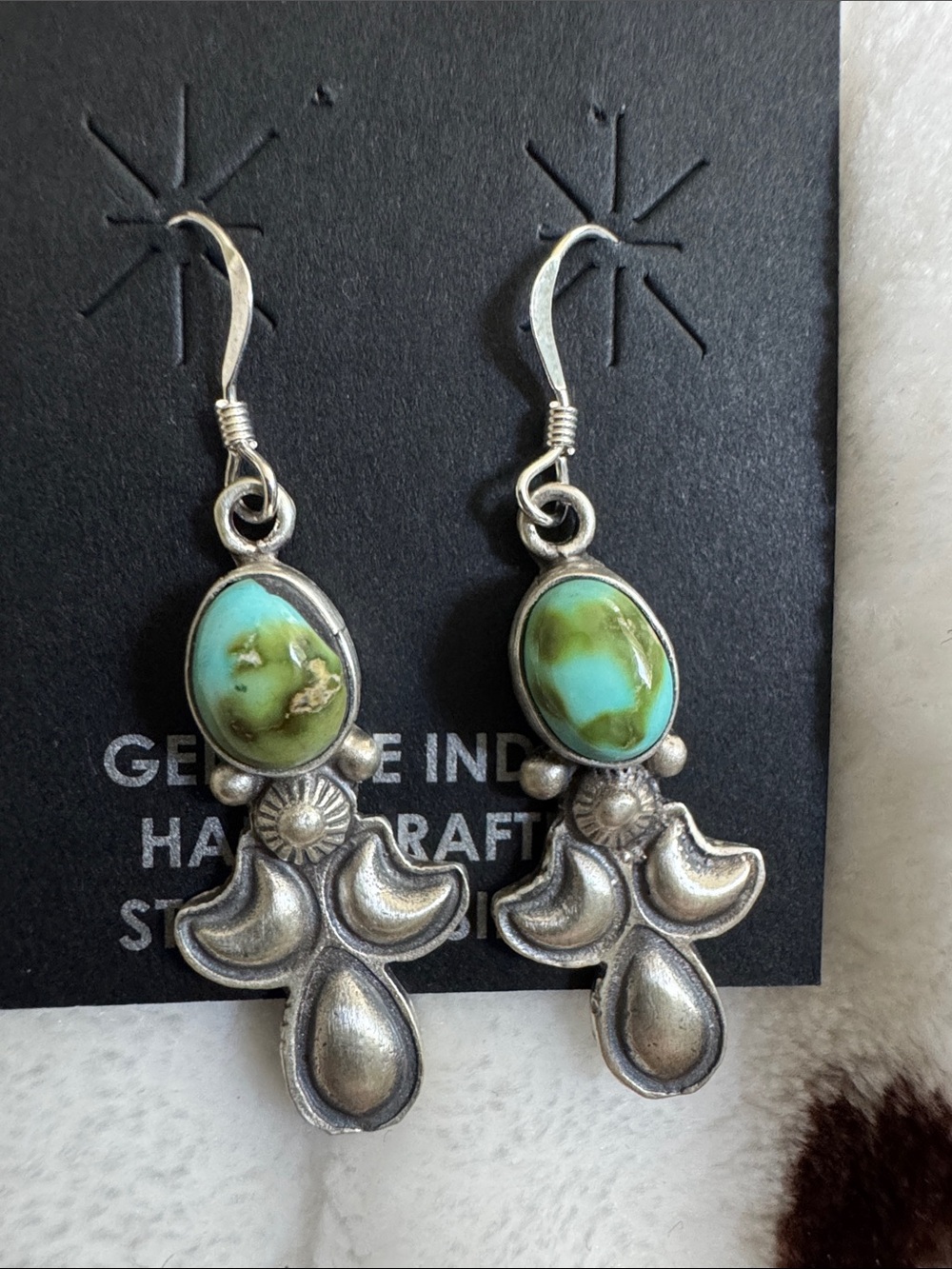 Native made Sterling moon Drop Earrings — Sonoran Green Turquoise